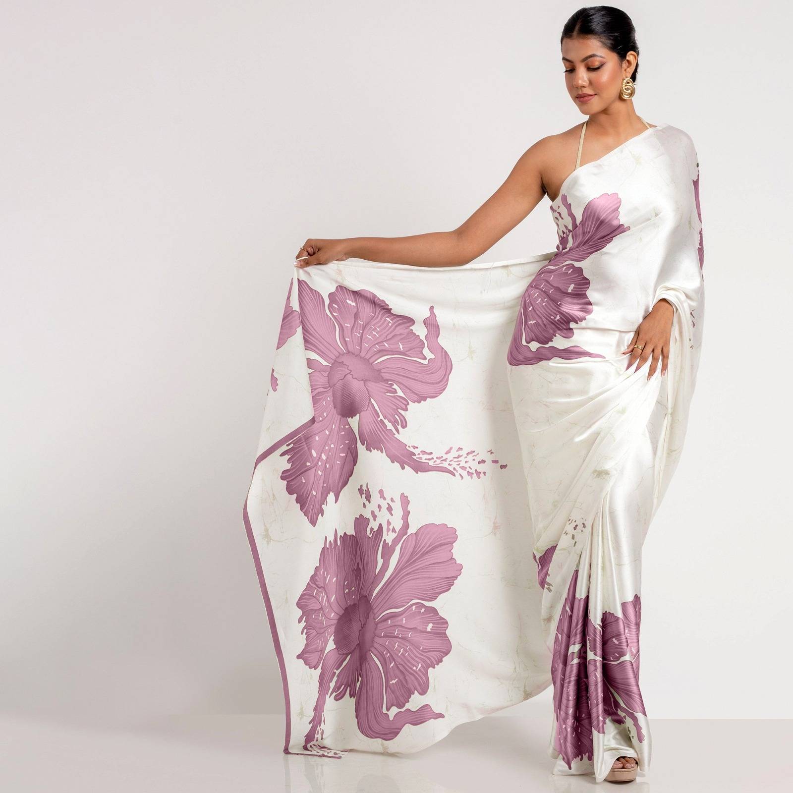 Purple Original Japan Satin Digital Floral Saree